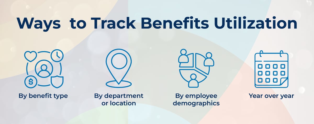 Infographic: four ways to track benefits utilization — by benefit type, department or location, employee demographics, and year over year